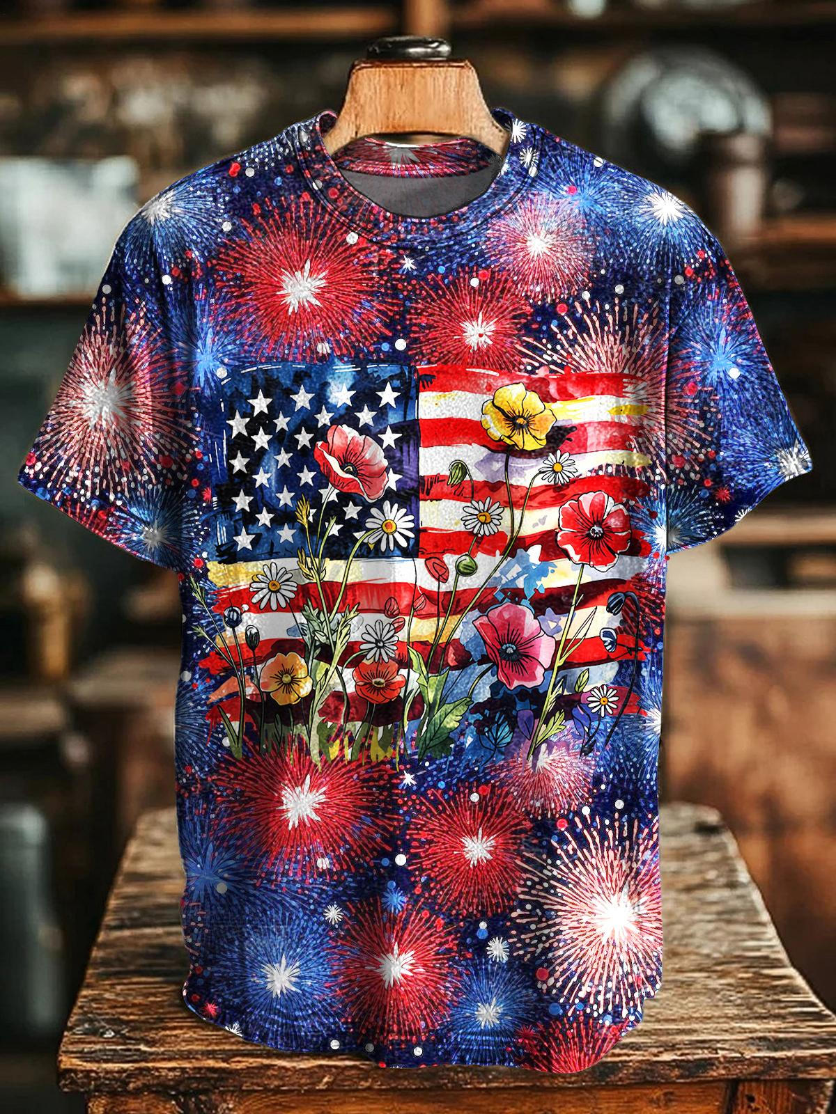 Retro Independence Day Fireworks Printed Crew Neck T-shirt