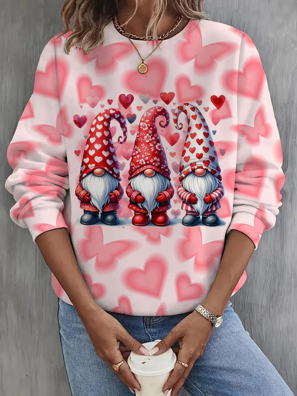 Heart Design Gnomes Printed Long Sleeve Casual Top