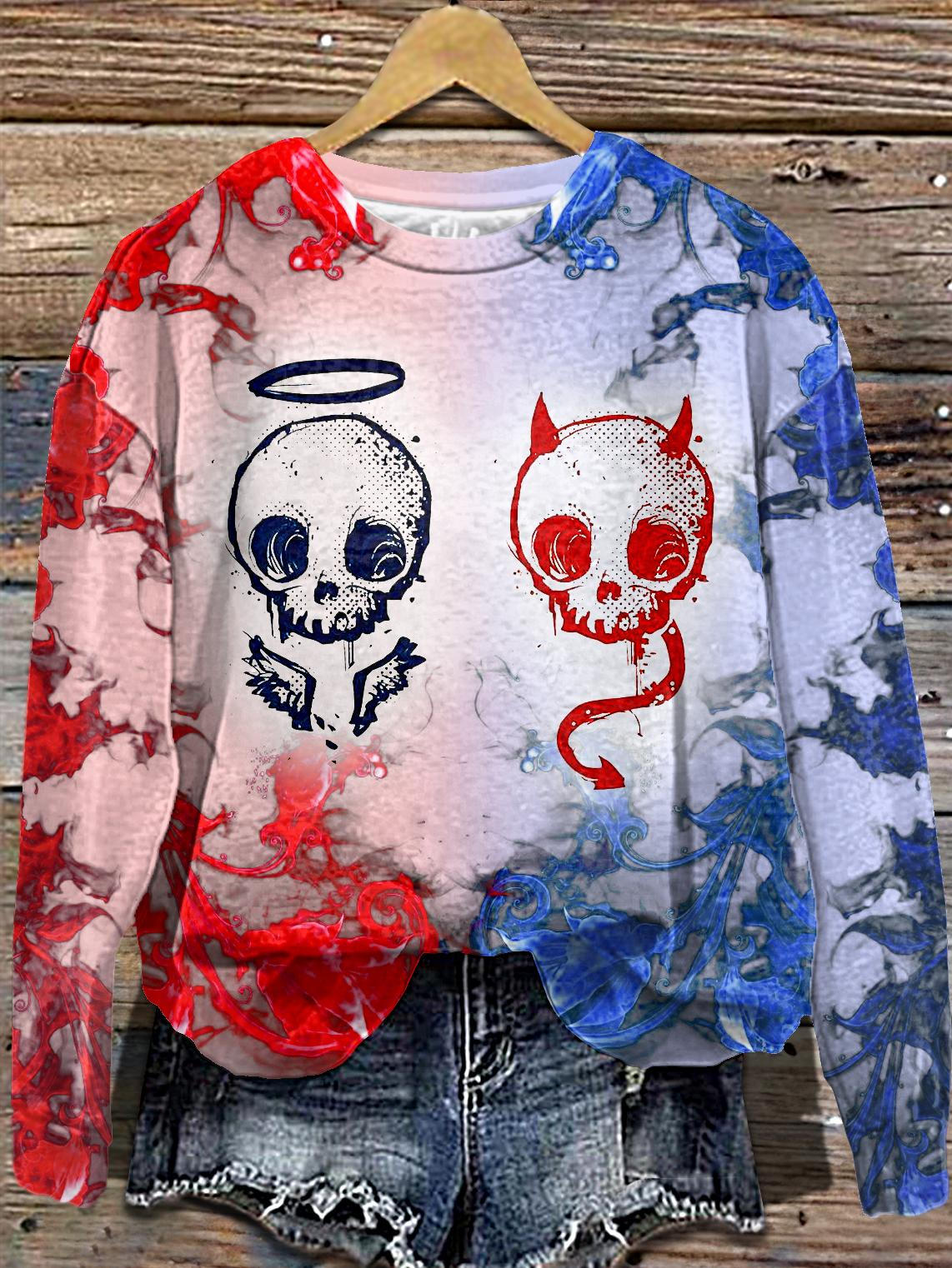 Angel And Devil Halloween Print Round Neck Long Sleeve Top
