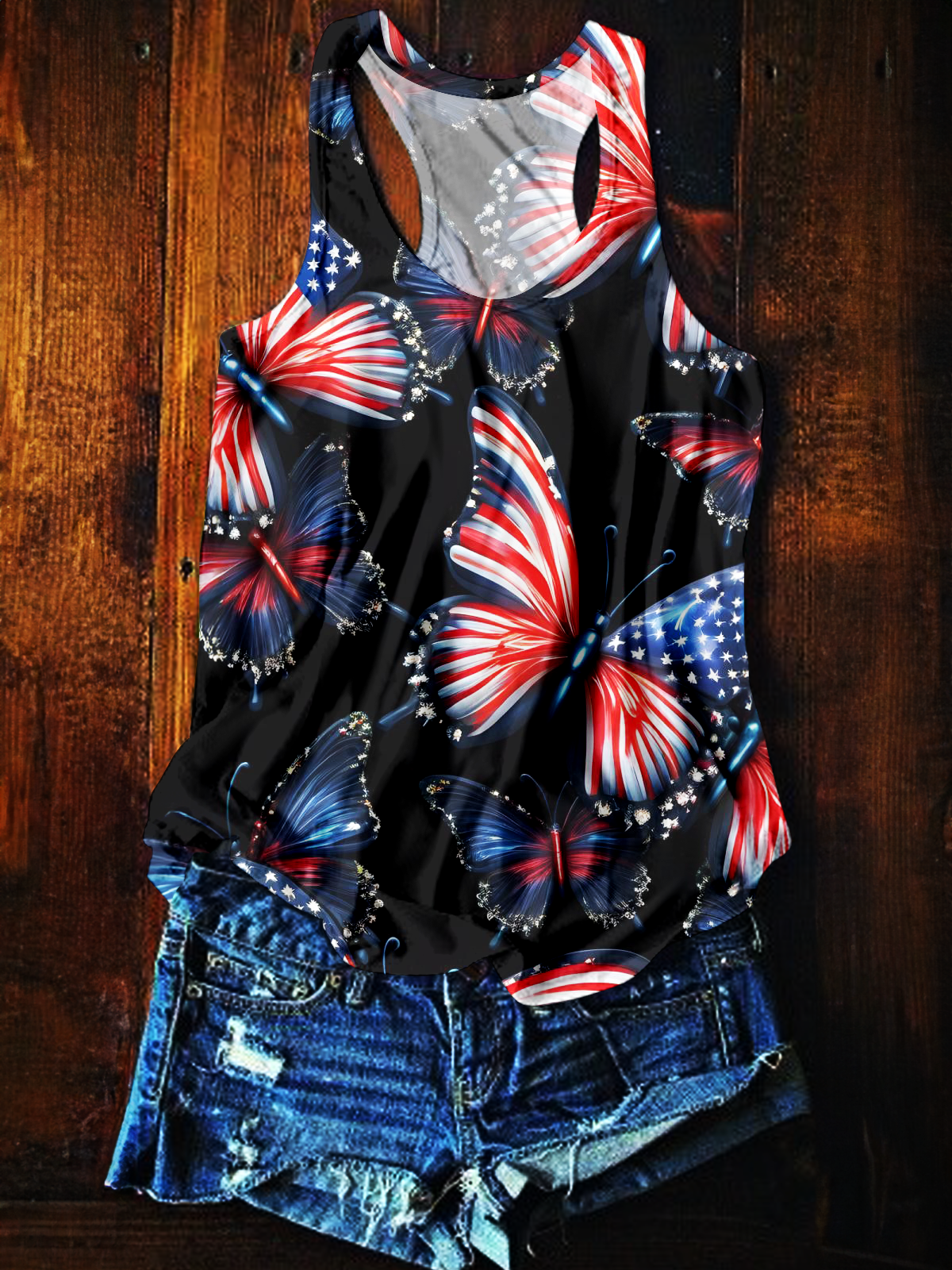 Independence Day Glitter Sequin Butterfly Art Printed Casual Tank Top