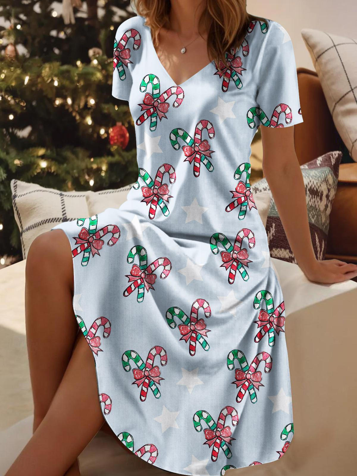 Weihnachtskleid mit Zuckerstangen-Motiv und V-Ausschnitt sowie kurzen Ärmeln für Damen