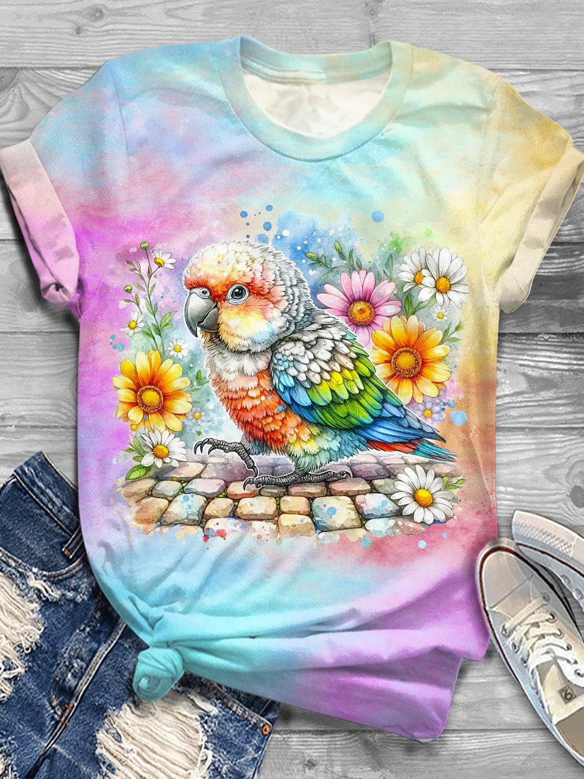 Spring Floral Parrot Print Crew Neck T-shirt