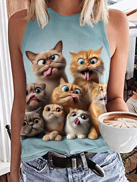 Funny Cats Print Casual Sleeveless Top