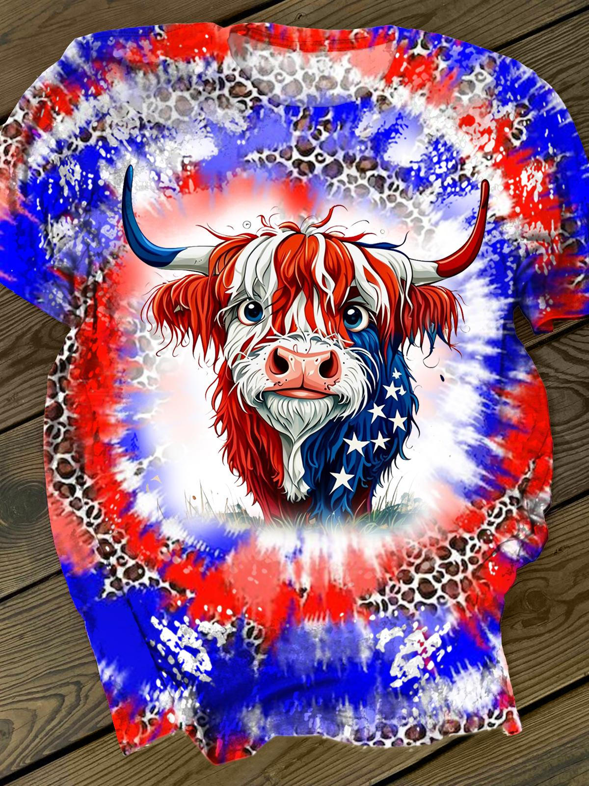 Vintage Independence Day Leopard Print Crew Neck T-shirt