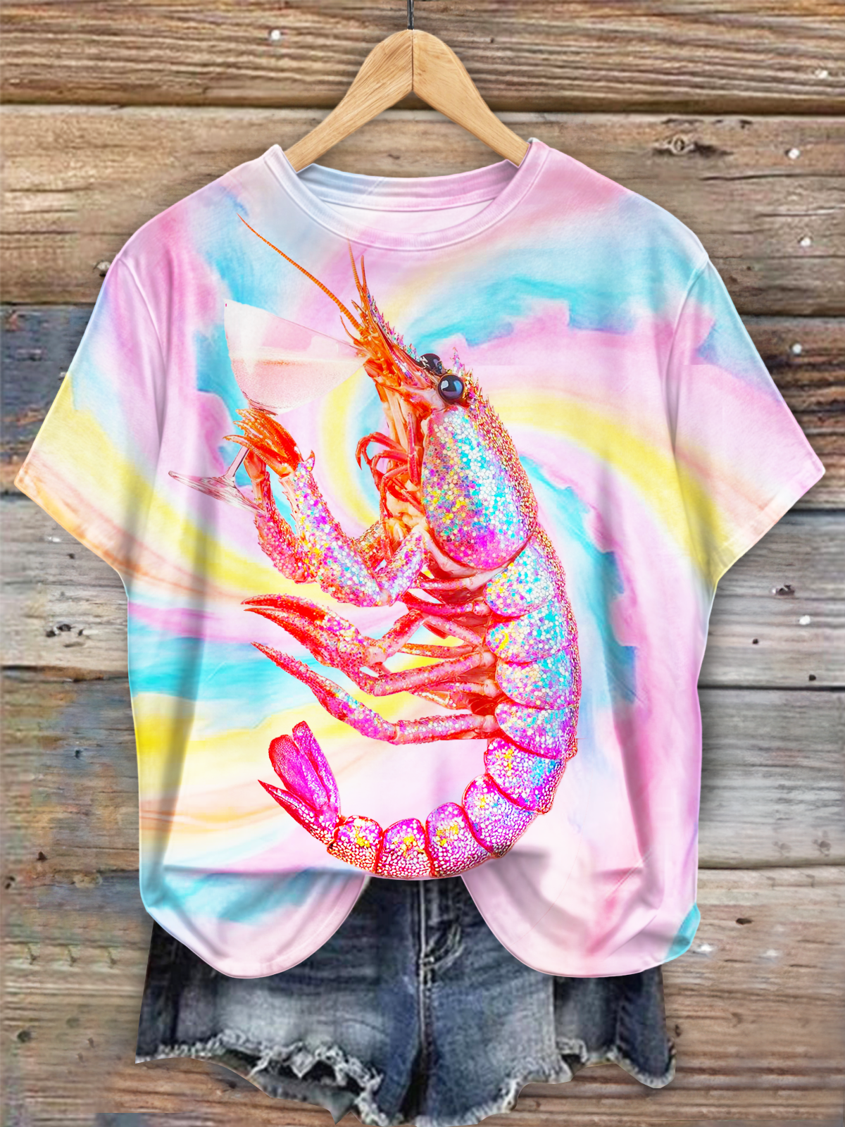 Disco Glitter Shrimp Holding Glass Art Crew Neck T-shirt