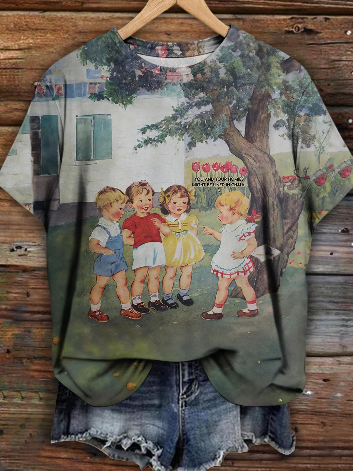 Damen-T-Shirt mit Rundhalsausschnitt und Vintage-Print für Kinder
