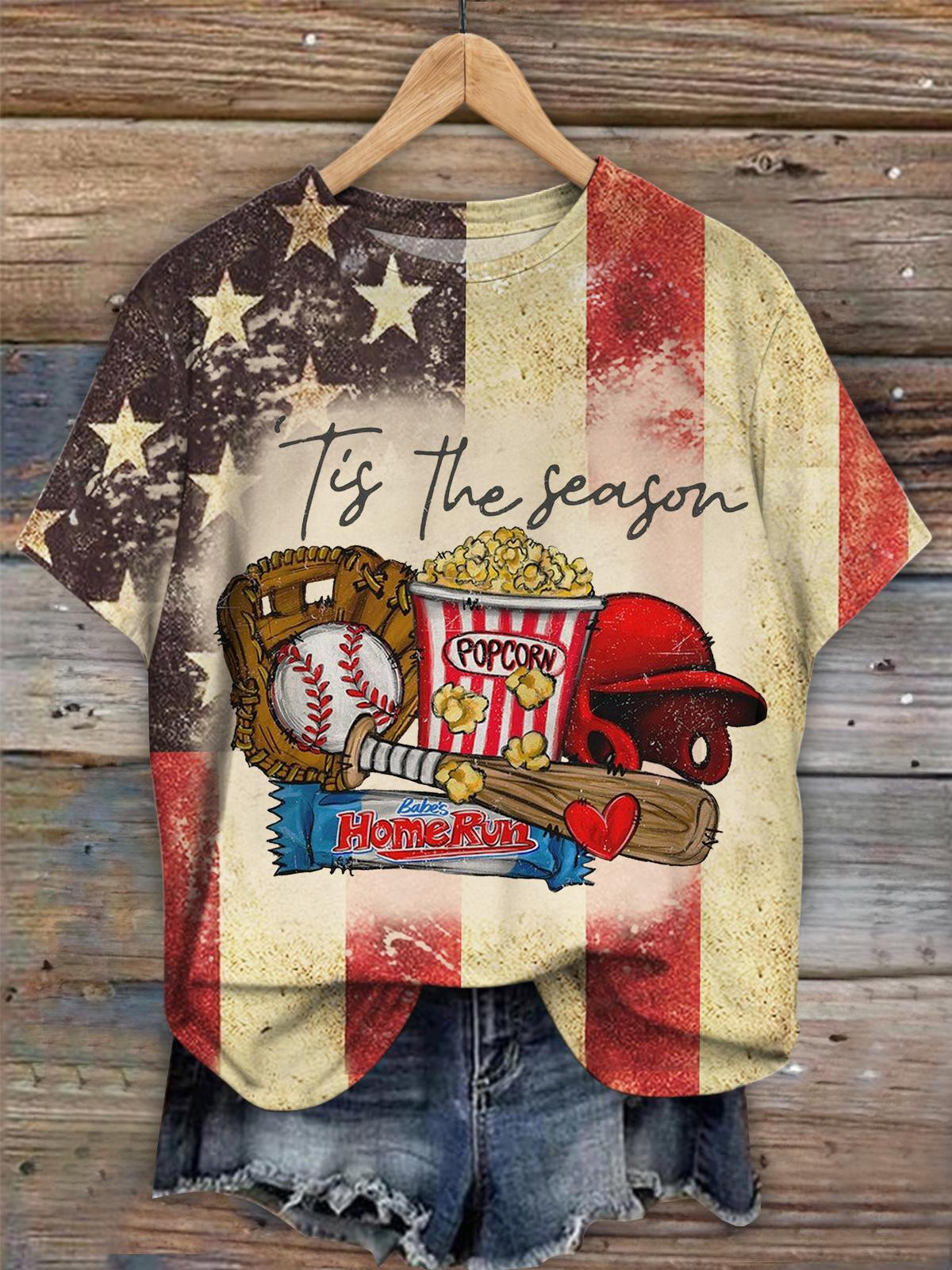 Vintage Baseball Print Crew Neck Short Sleeve Top