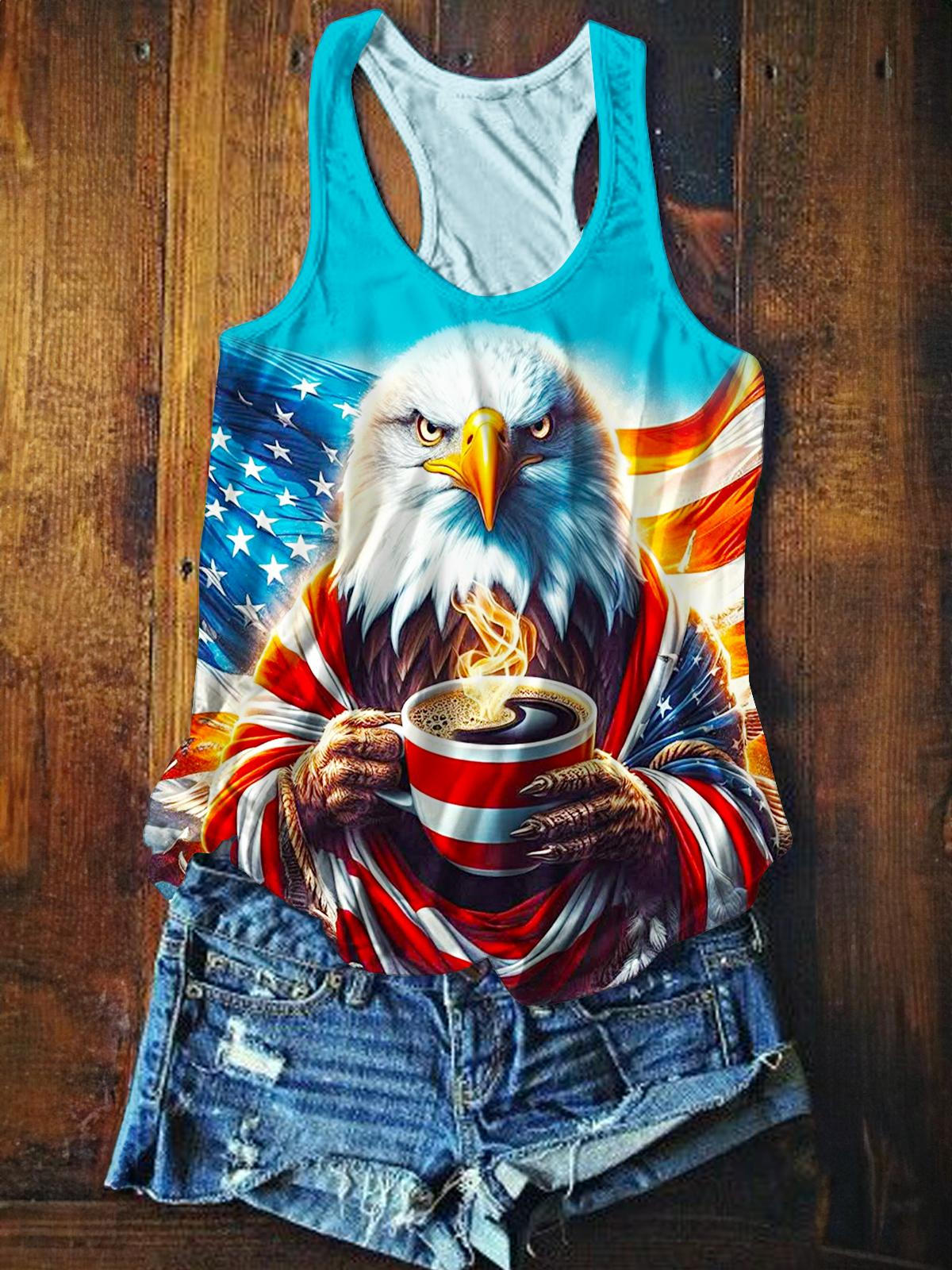 Vintage Independence Day Flag Eagle Printed Casual Tank Top
