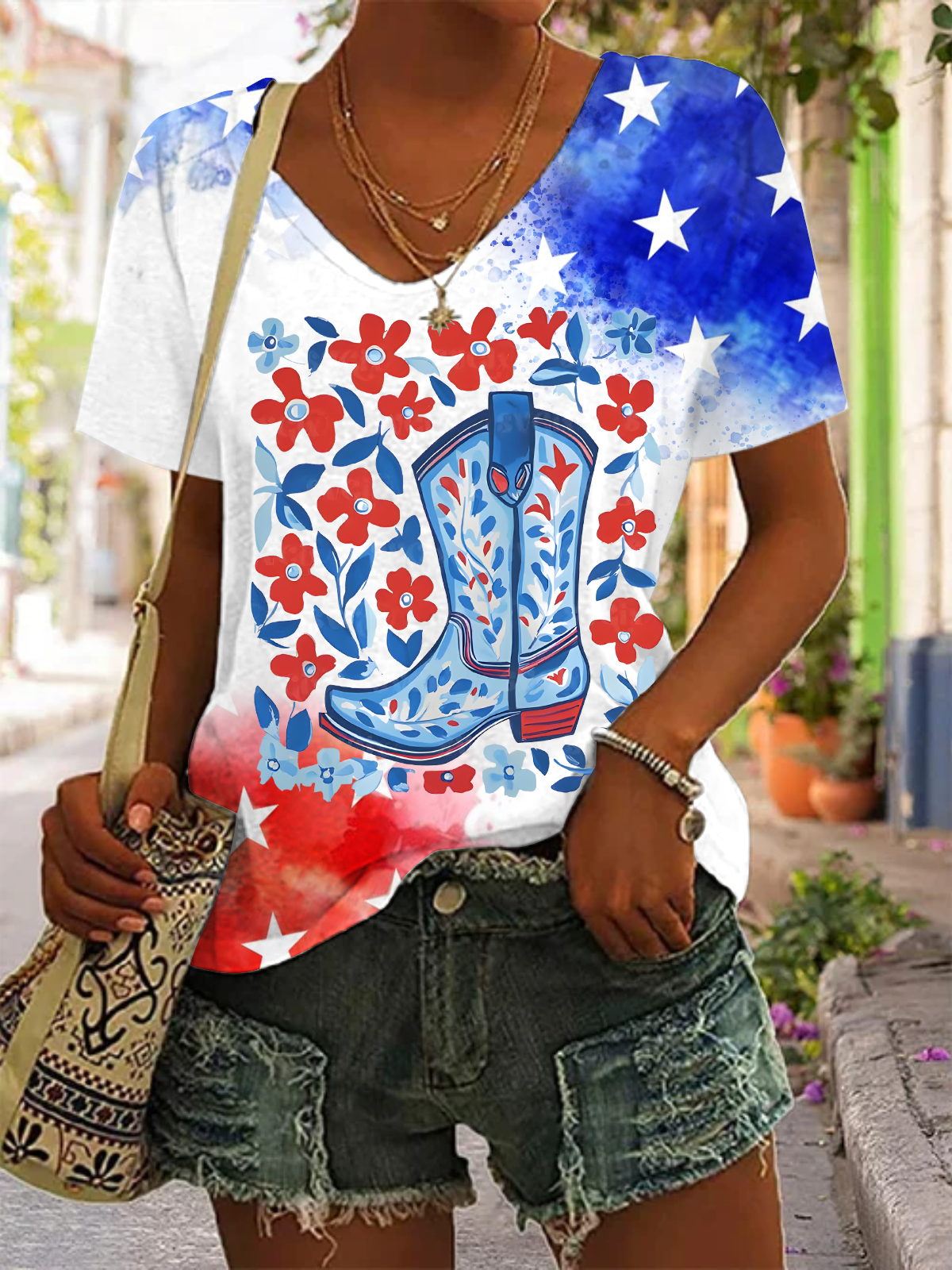 4th Of July Cowgirl Boots V-neck T-Shirt