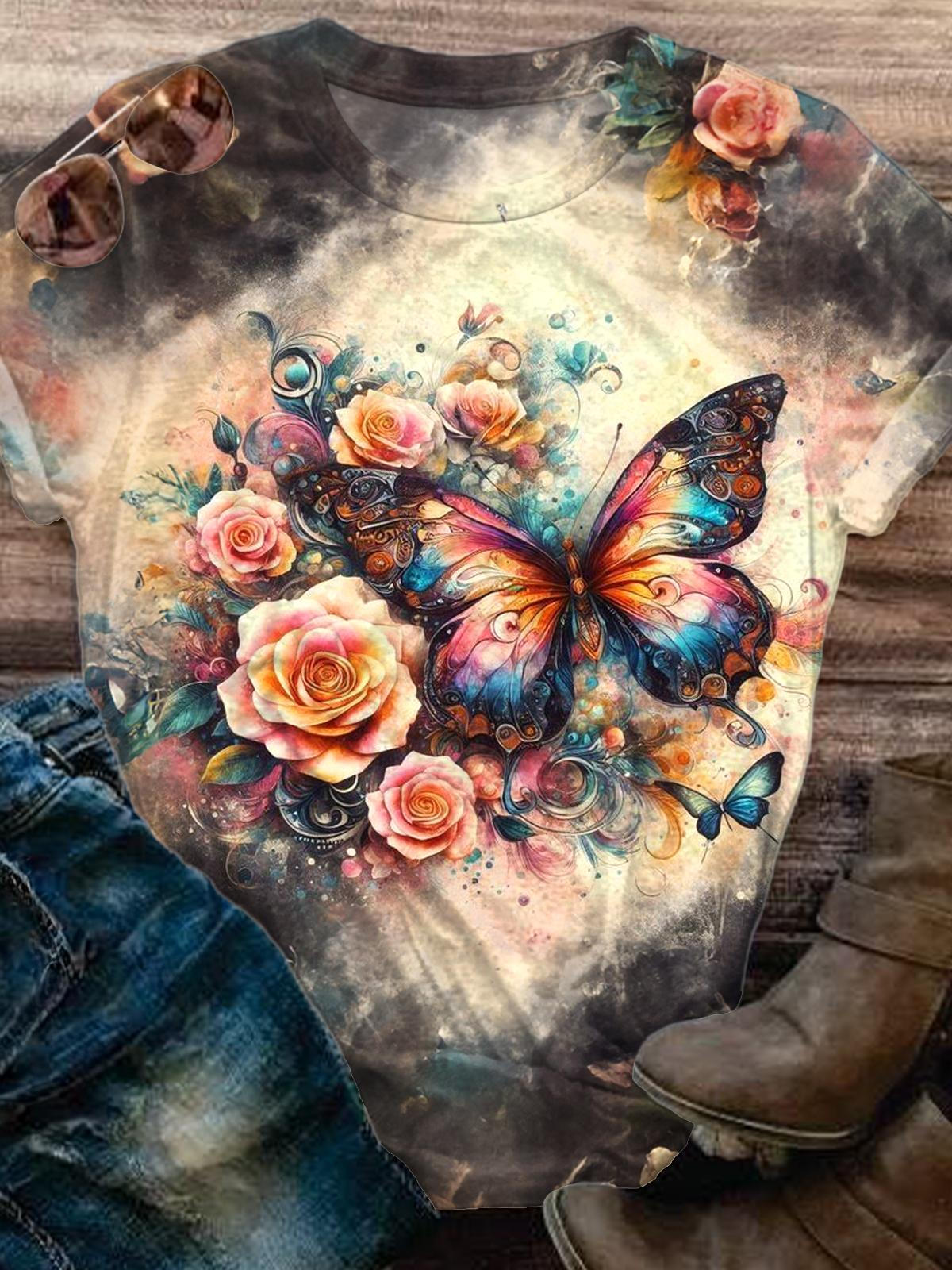Retro Flowers And Butterfly Printed Crew Neck T-shirt