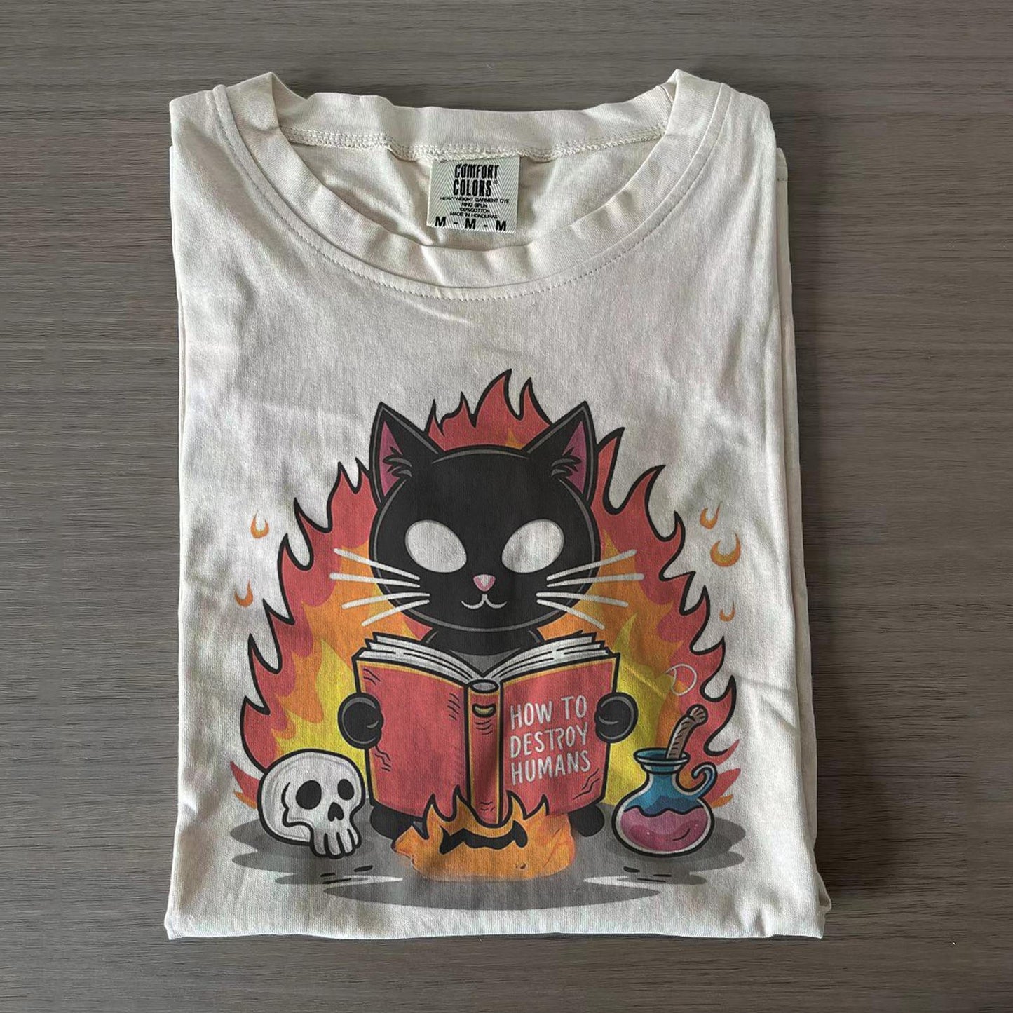 Dark Kitten Print Crew Neck T-shirts