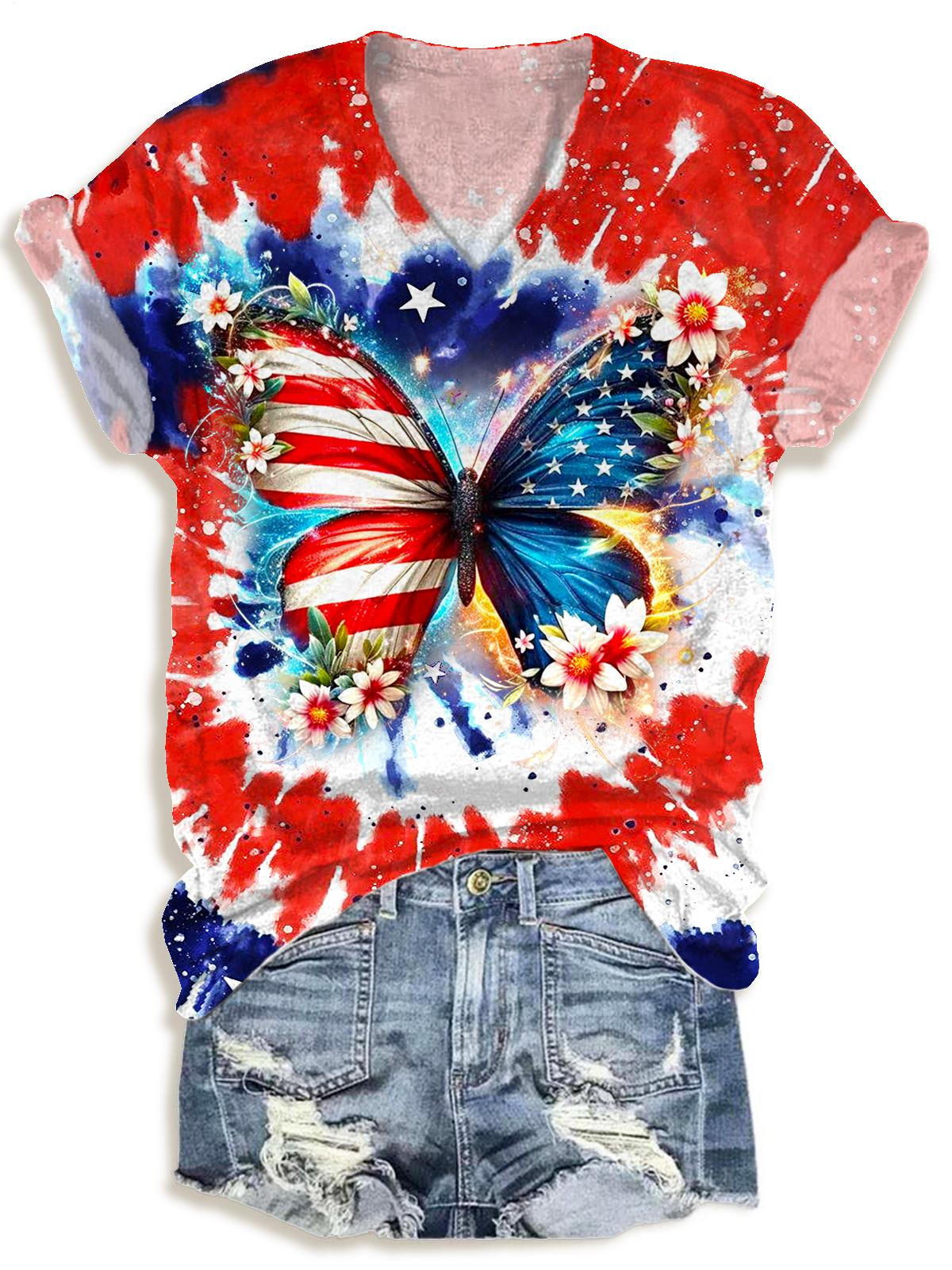 Butterfly Independence Day Flag Print V-neck T-Shirt