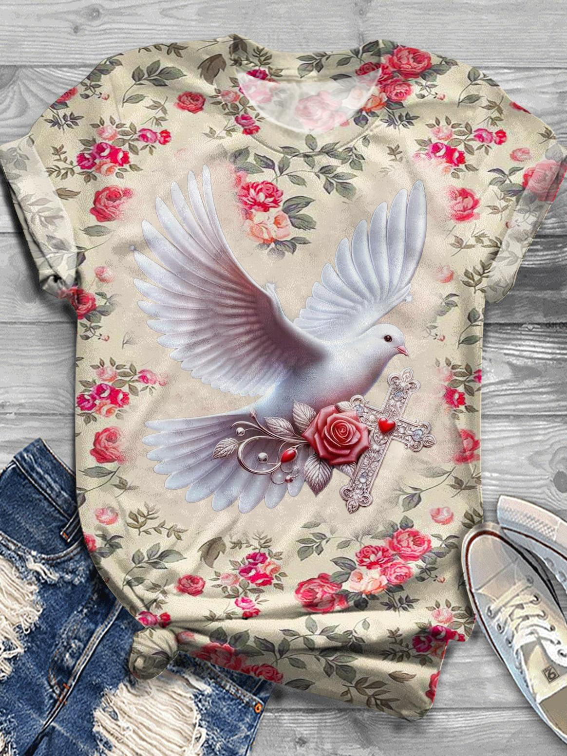 White Dove Rose Christian Print Crew Neck T-shirt