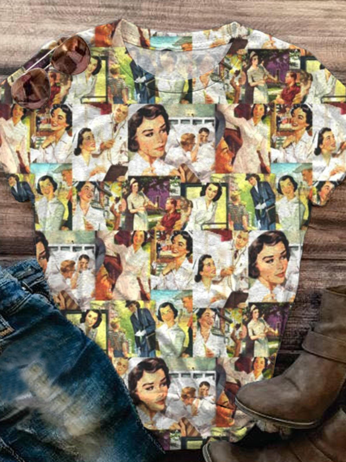 Rundhals-Top mit Vintage-Krankenschwester-Print