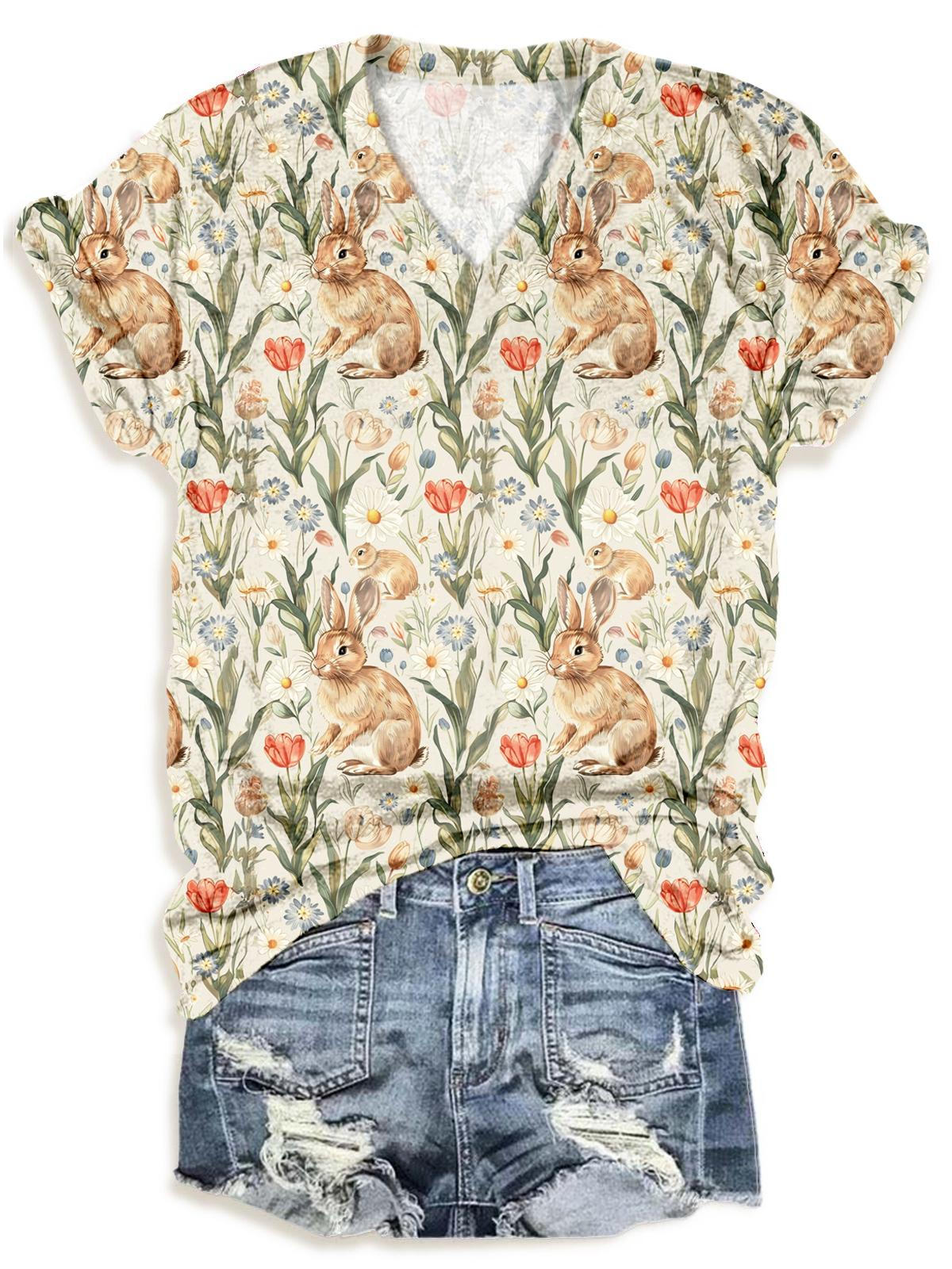 Frohe Ostern Blumenhase V-Ausschnitt T-Shirt