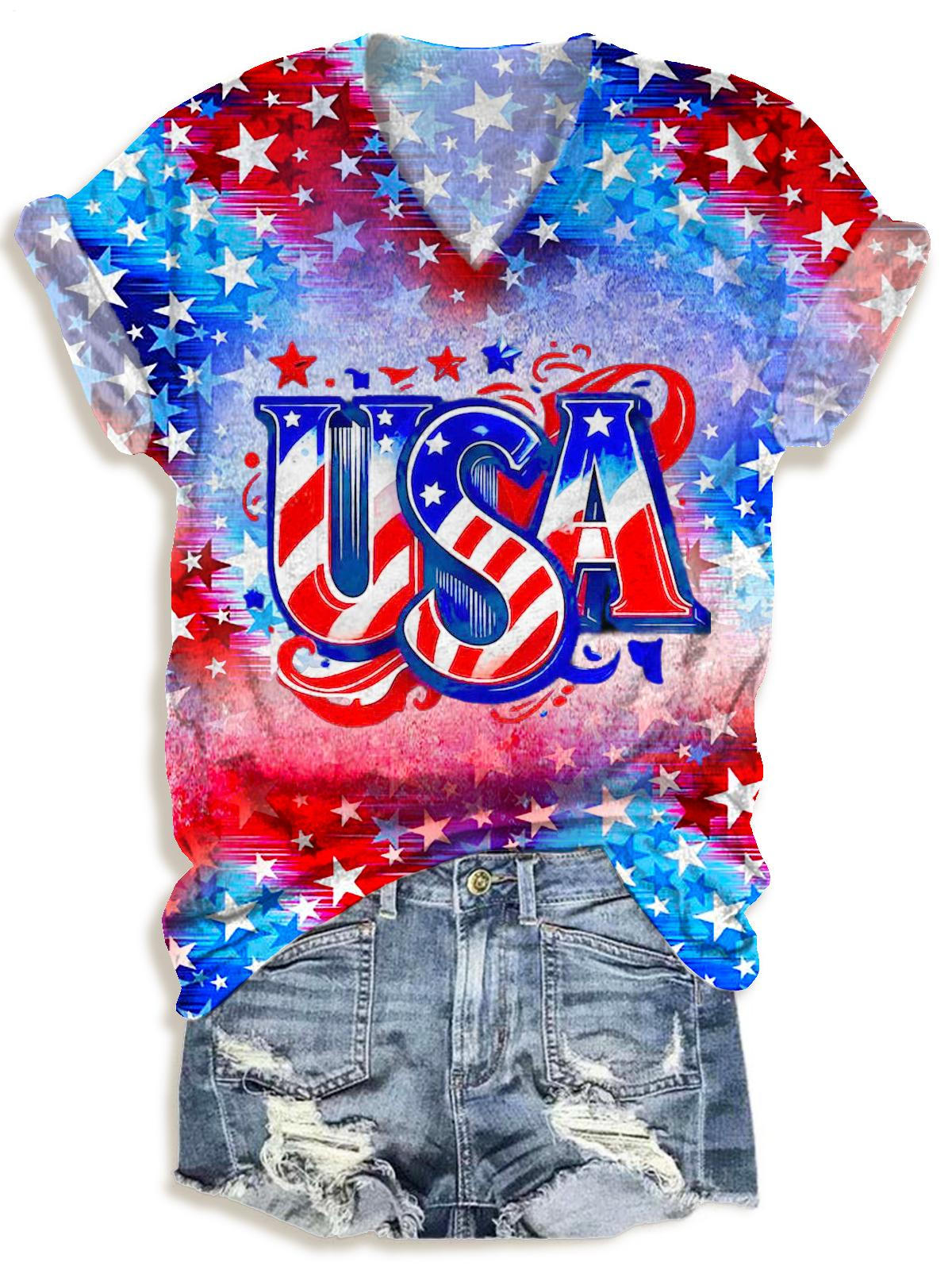 Vintage Sequin USA Print V-neck T-Shirt