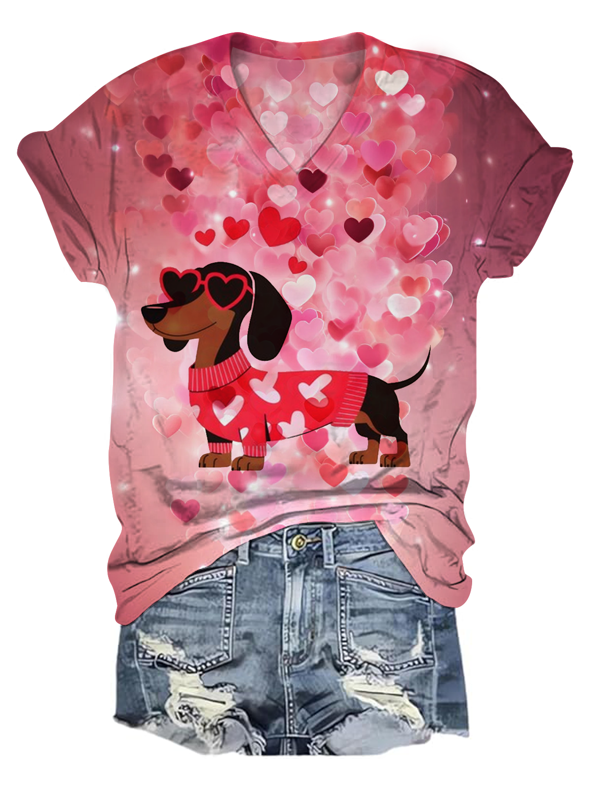 Dackel-Valentinstags-Herz-Design T-Shirt mit V-Ausschnitt