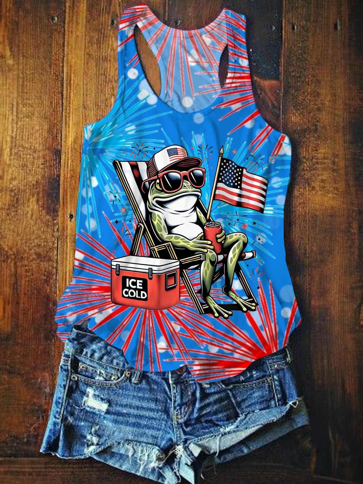 Funny Frog 4th of July Printed Casual Tank Top