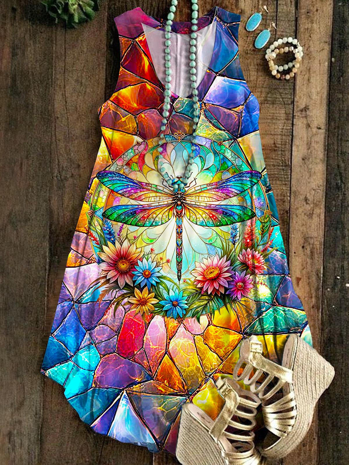 pring Colorful Dragonfly Floral Sleeveless V Neck Dress