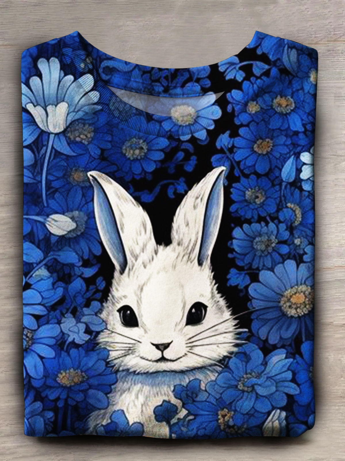 Lässiges Kurzarm-Oberteil mit Blumen- und Kaninchen-Print