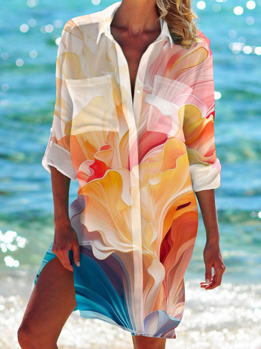 Watercolor smudge Long Sleeve Beach Shirt Dress
