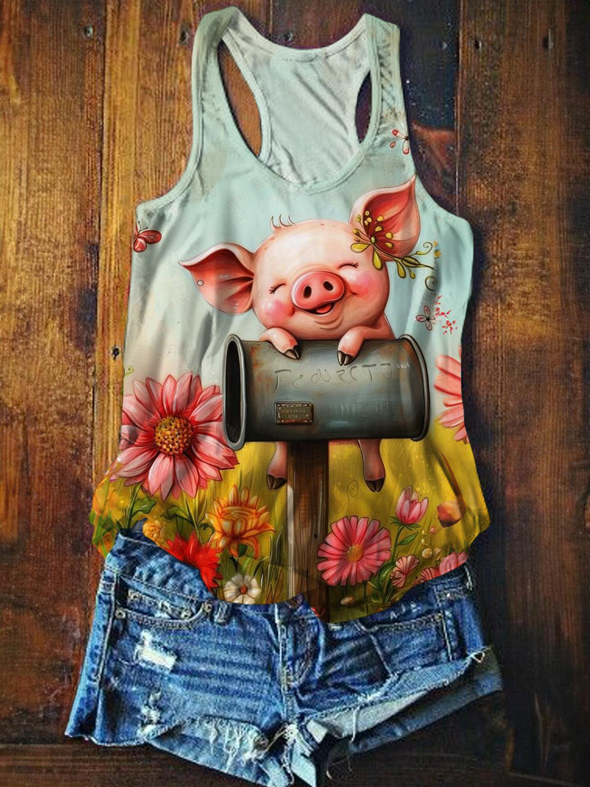 Funny Pig Print Casual Tank Top