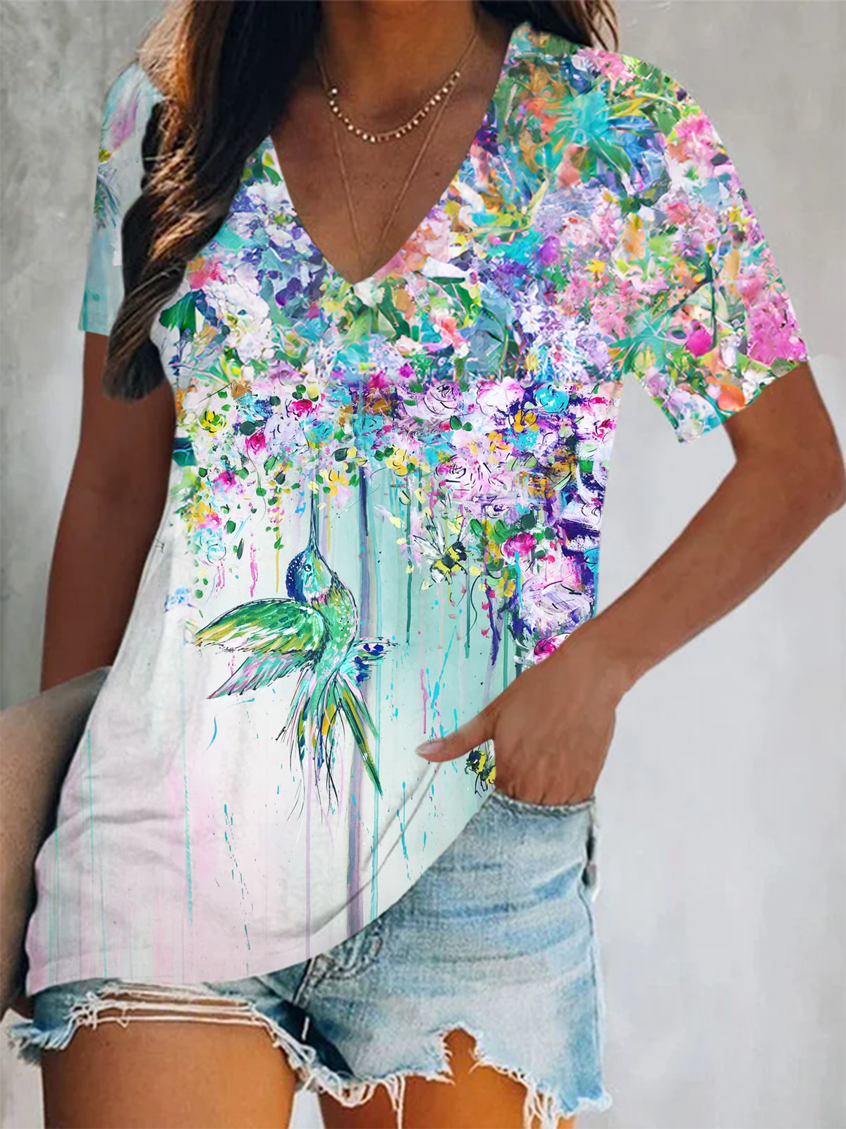 Spring Flowers And Birds Short Sleeve V Neck Print Top