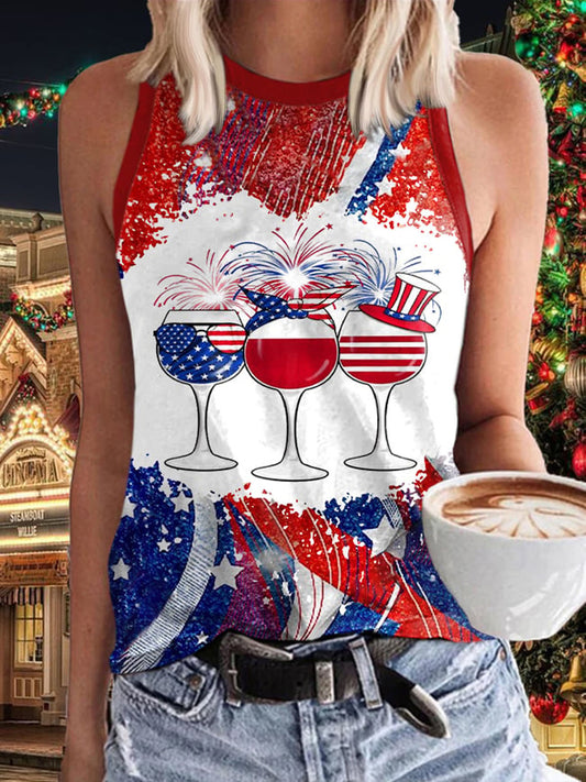 American Flag Wine Glass Print Casual Sleeveless Top