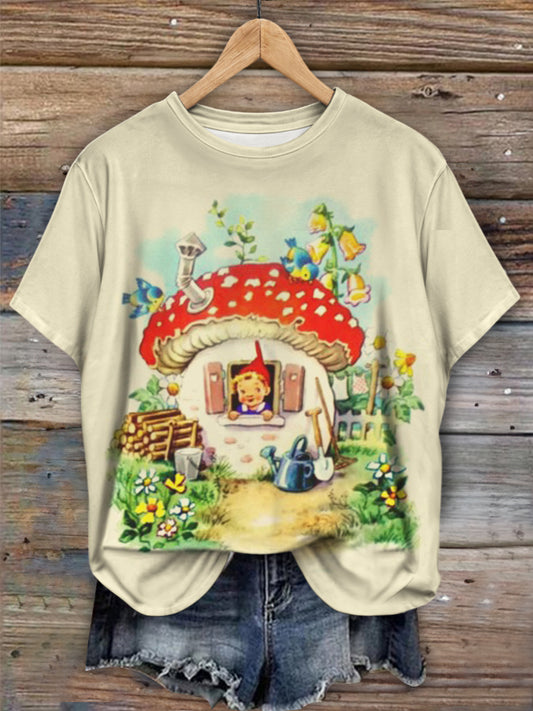 Funny Gnome Print Crew Neck T-shirt
