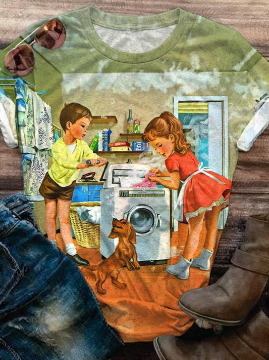 Vintage Helping Mom Doing Laundry Crew Neck T-shirt