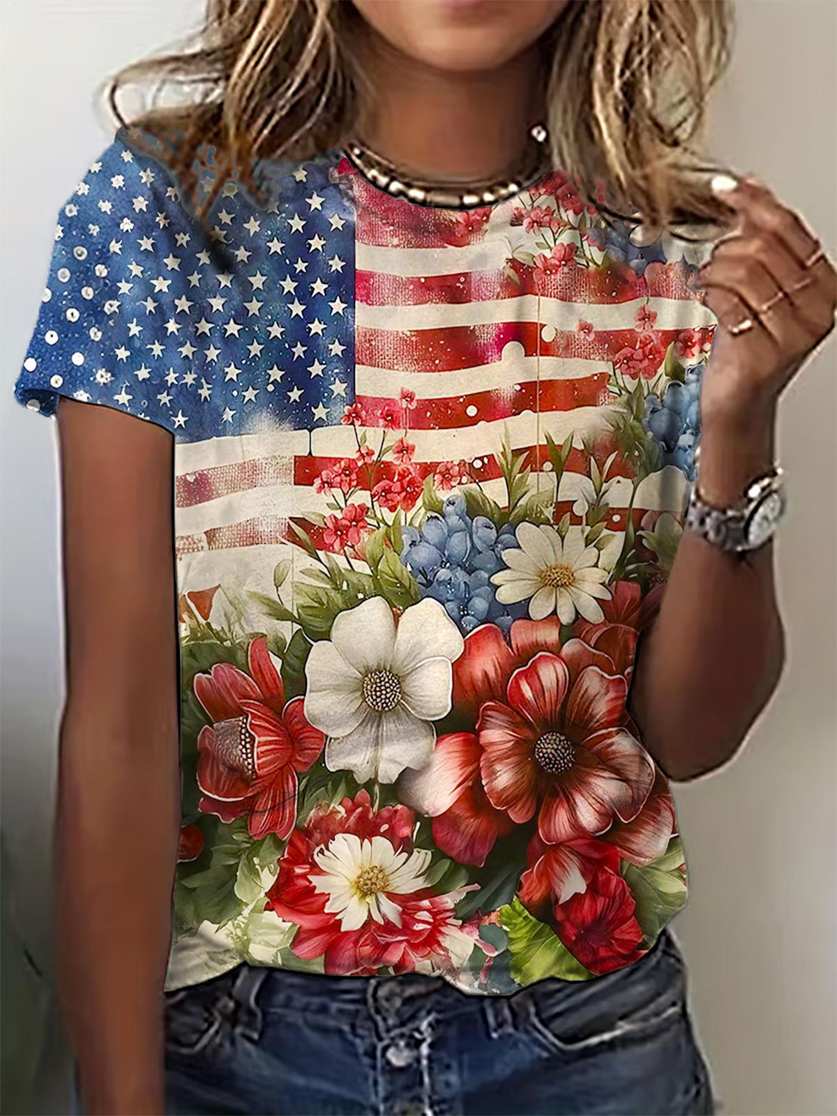 Independence Day Flag Flowers Printed Crew Neck T-shirt