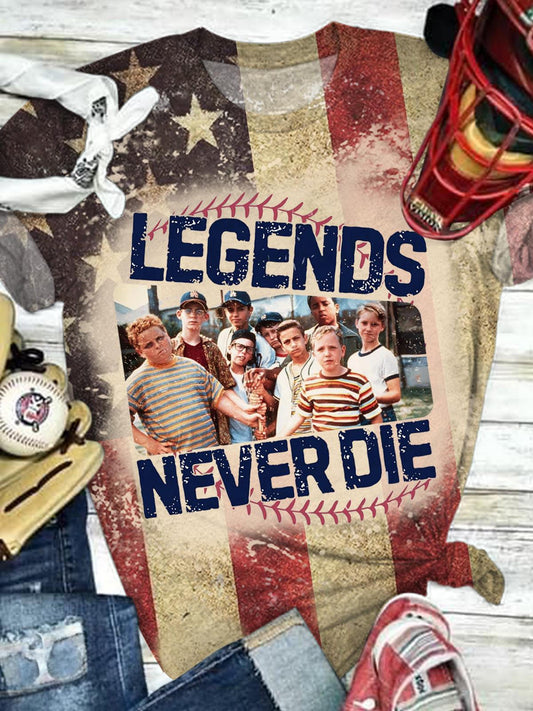 Sandlot Legends Never Die American Flag Baseball Print T-shirt