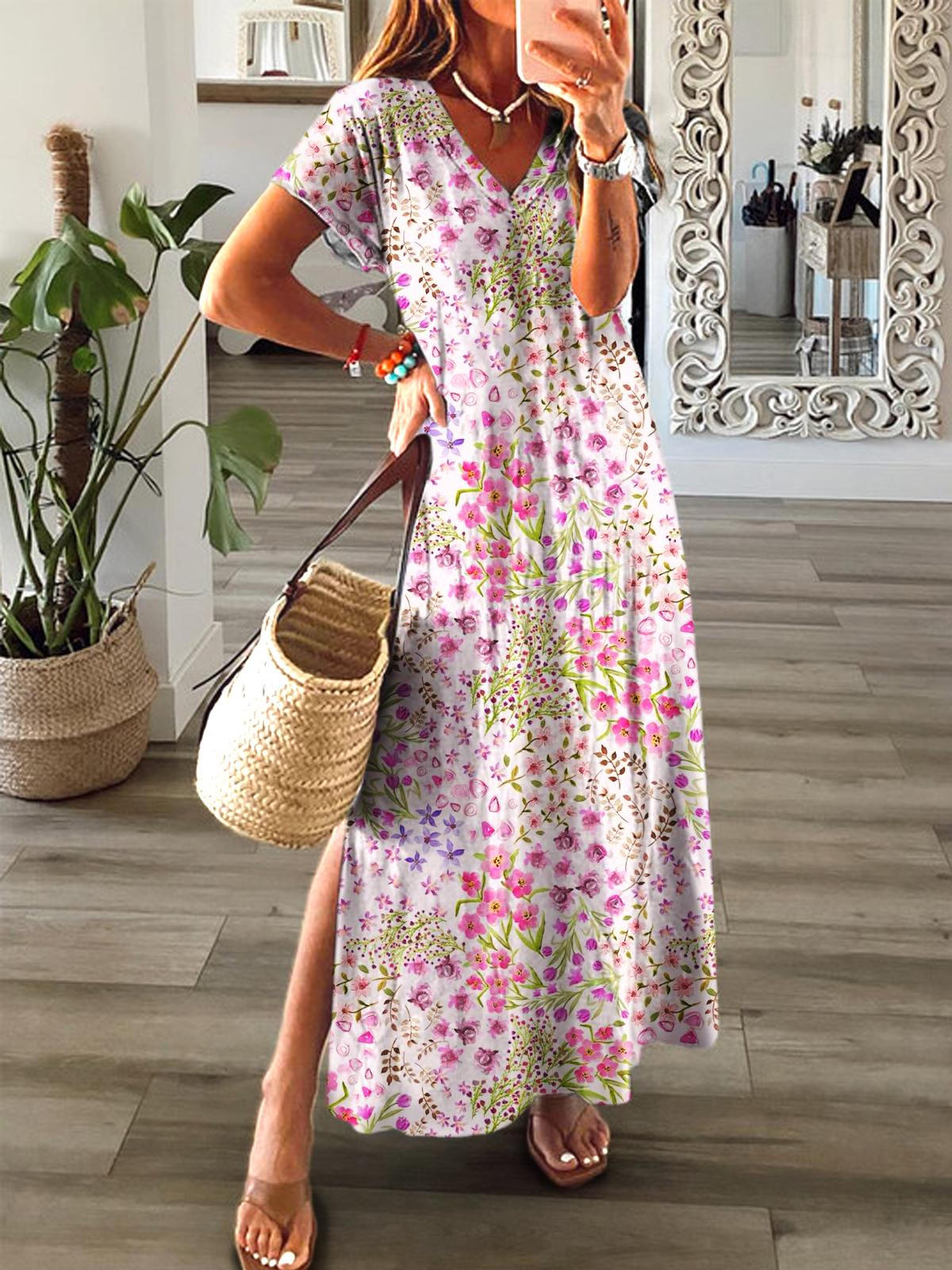 Kurzärmliges Maxikleid mit V-Ausschnitt und Blumen-Urlaubsdruck