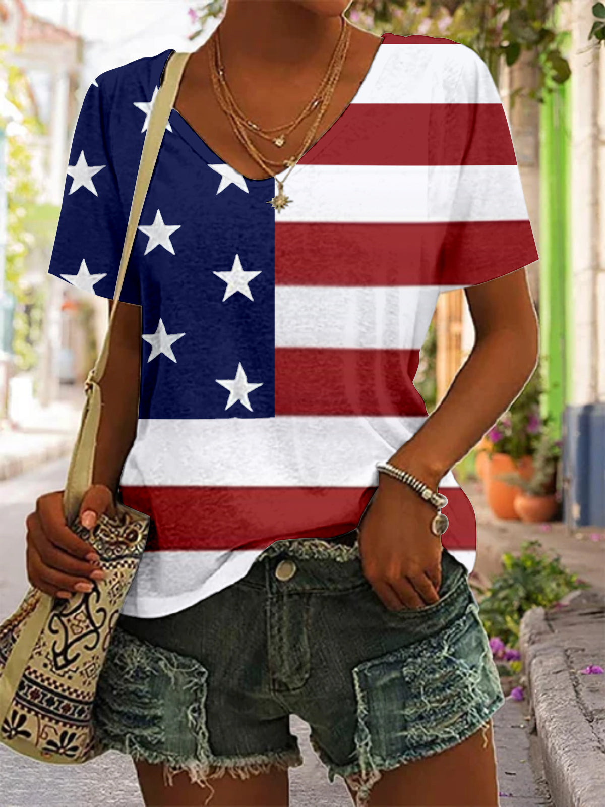 Independence Day American Flag V-neck T-Shirt