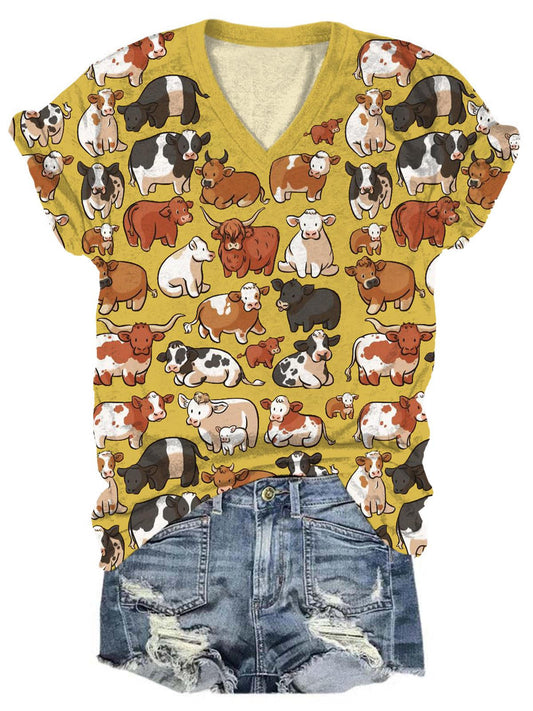 Cute Farm Cow Print V-Neck T-Shirt