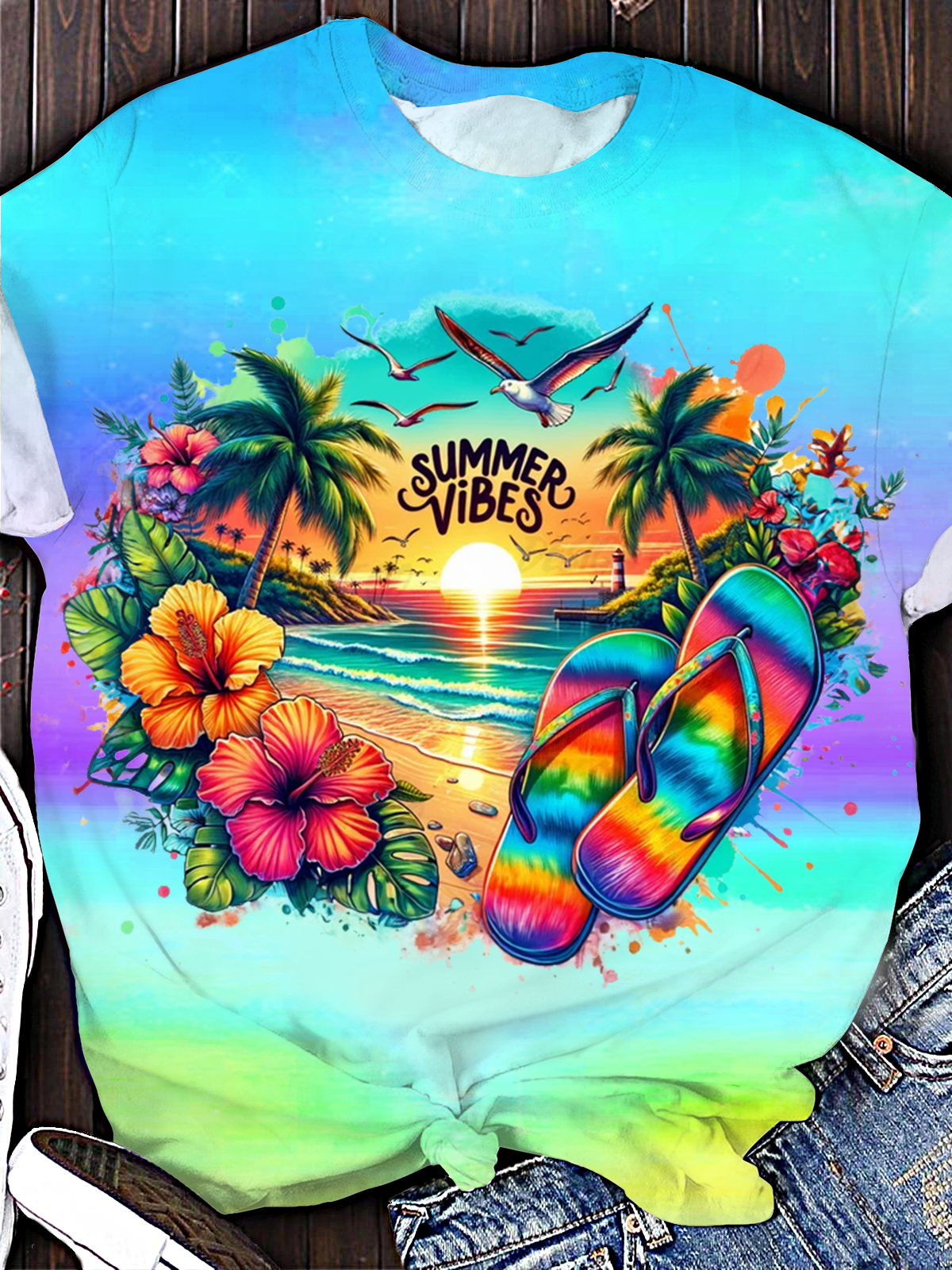 Summer Vibe Island Gradient Flip Flop Art Crew Neck T-shirt