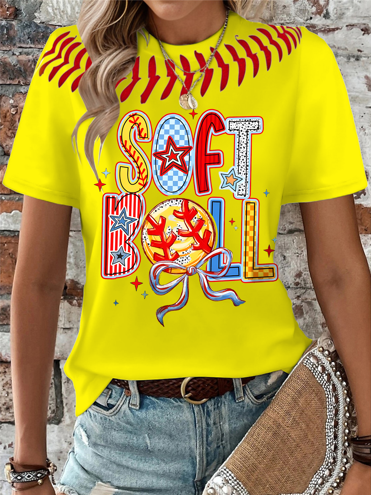 Softball Coquette Mama Crew Neck T-shirt