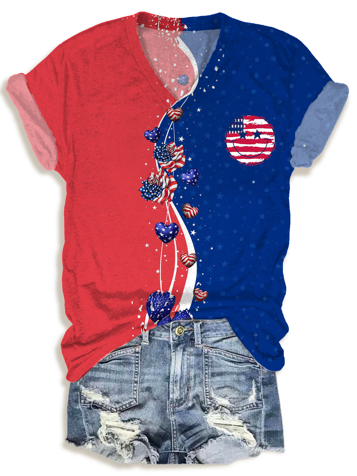 Contrasting Smiley Face Print V-neck T-Shirt