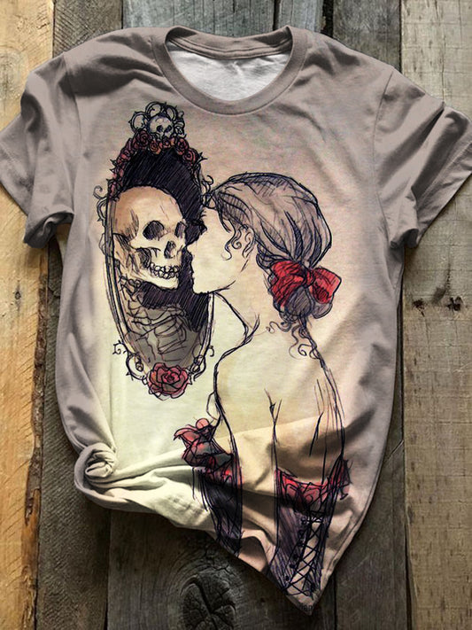 Women's Skull Print Round Neck Casual T-Shirt