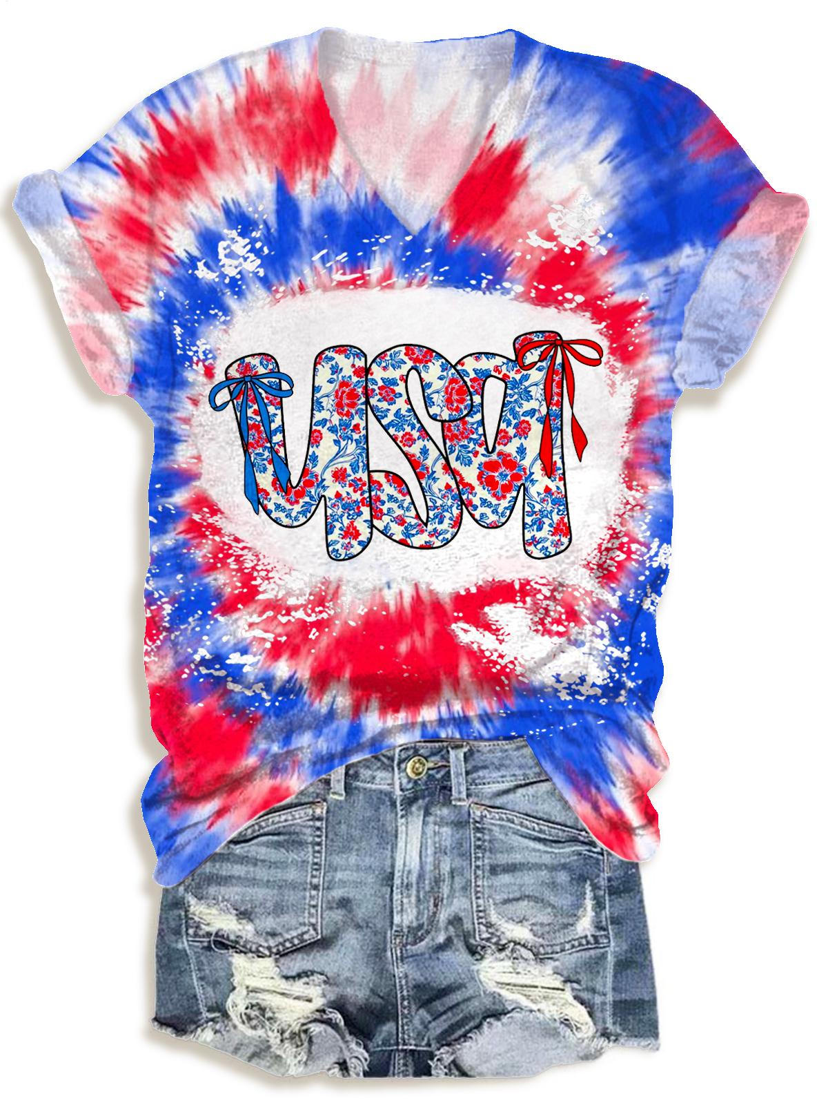 Retro-T-Shirt mit V-Ausschnitt und Blumenmuster zum Unabhängigkeitstag in Amerika