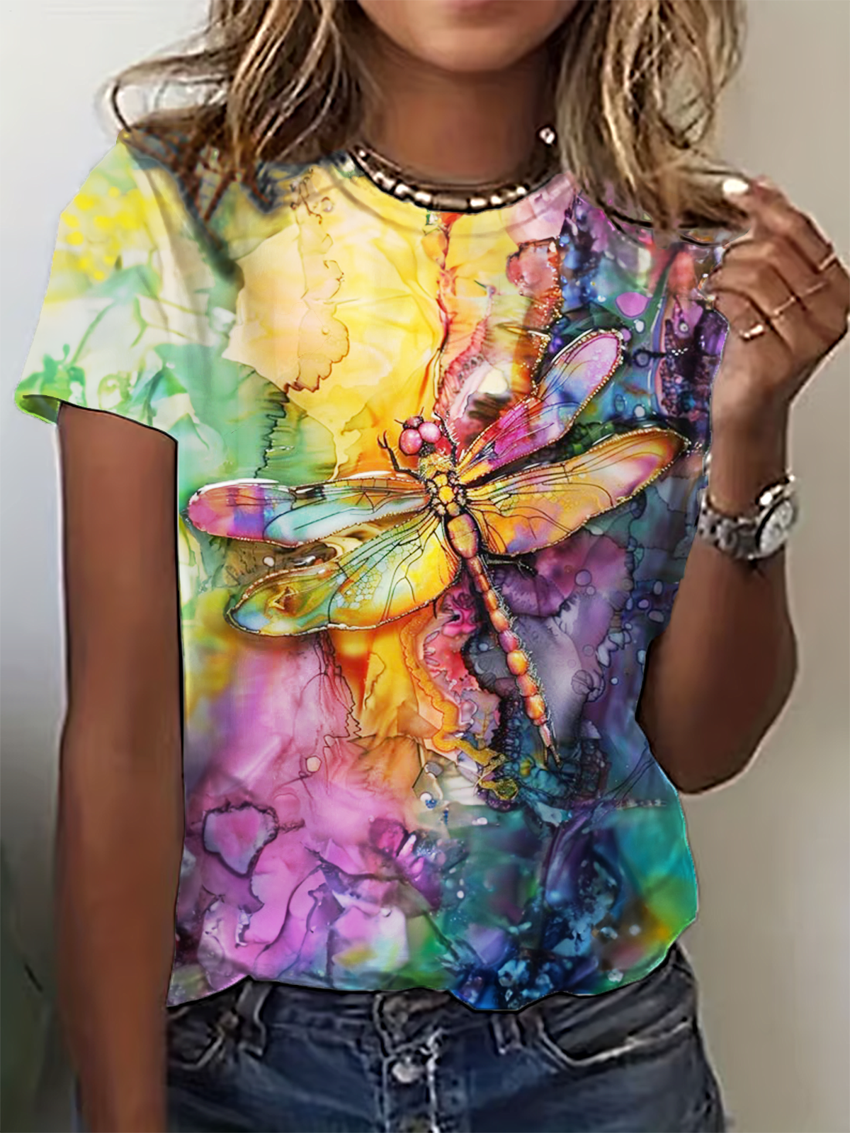 Dragonflies On Stained Glass In Spring And Summer Hues Crew Neck T-shirt