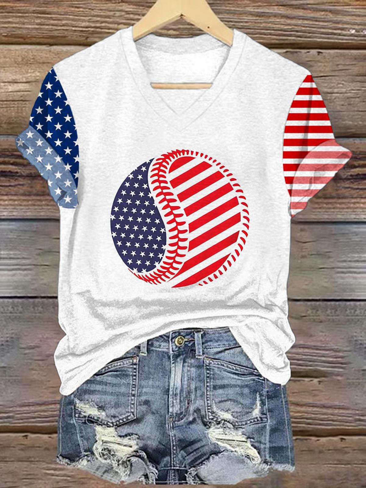 Flag Baseball Print V-neck T-Shirt