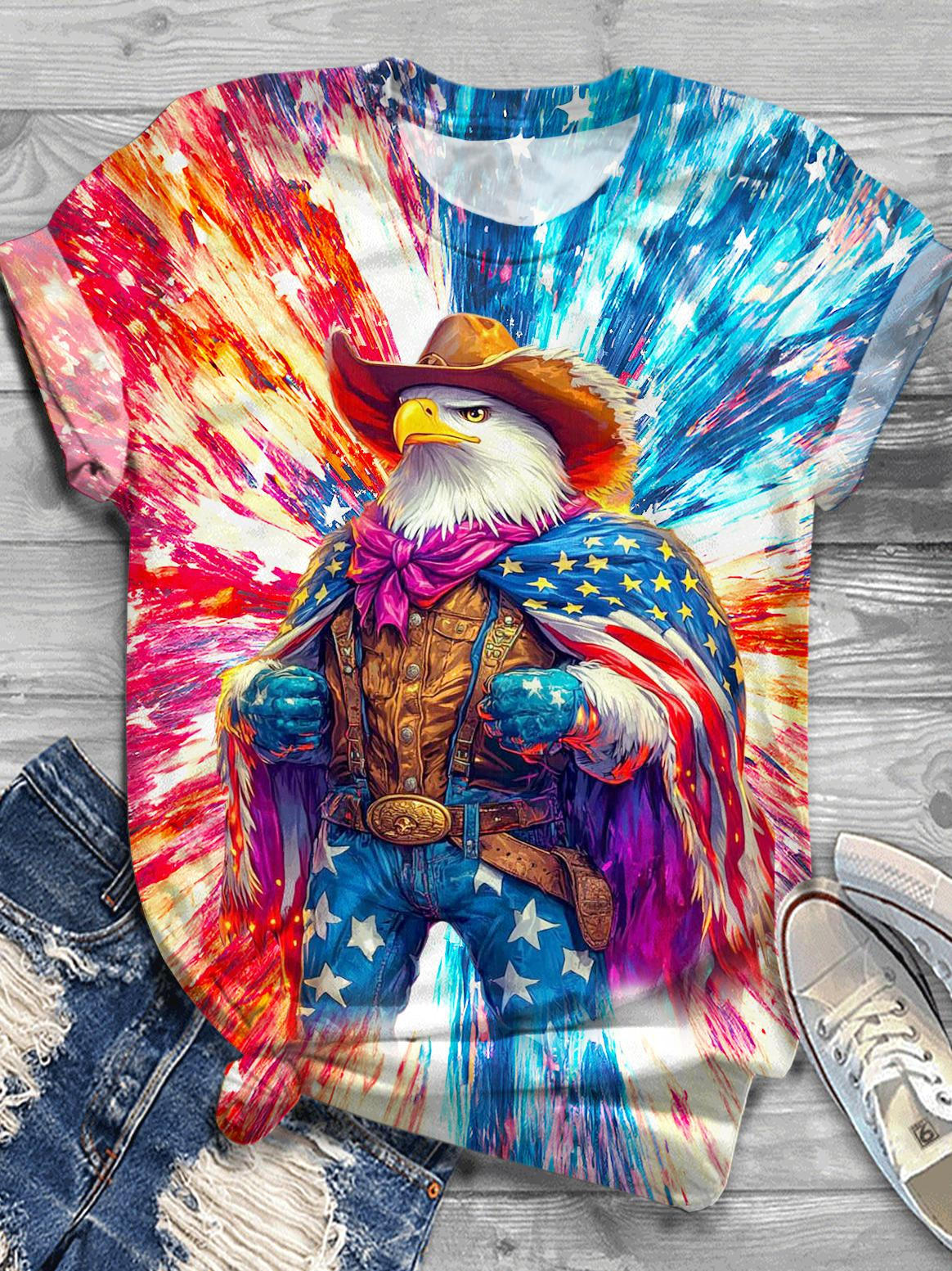 Bald Eagle Flag Independence Day Printed Crew Neck T-shirt