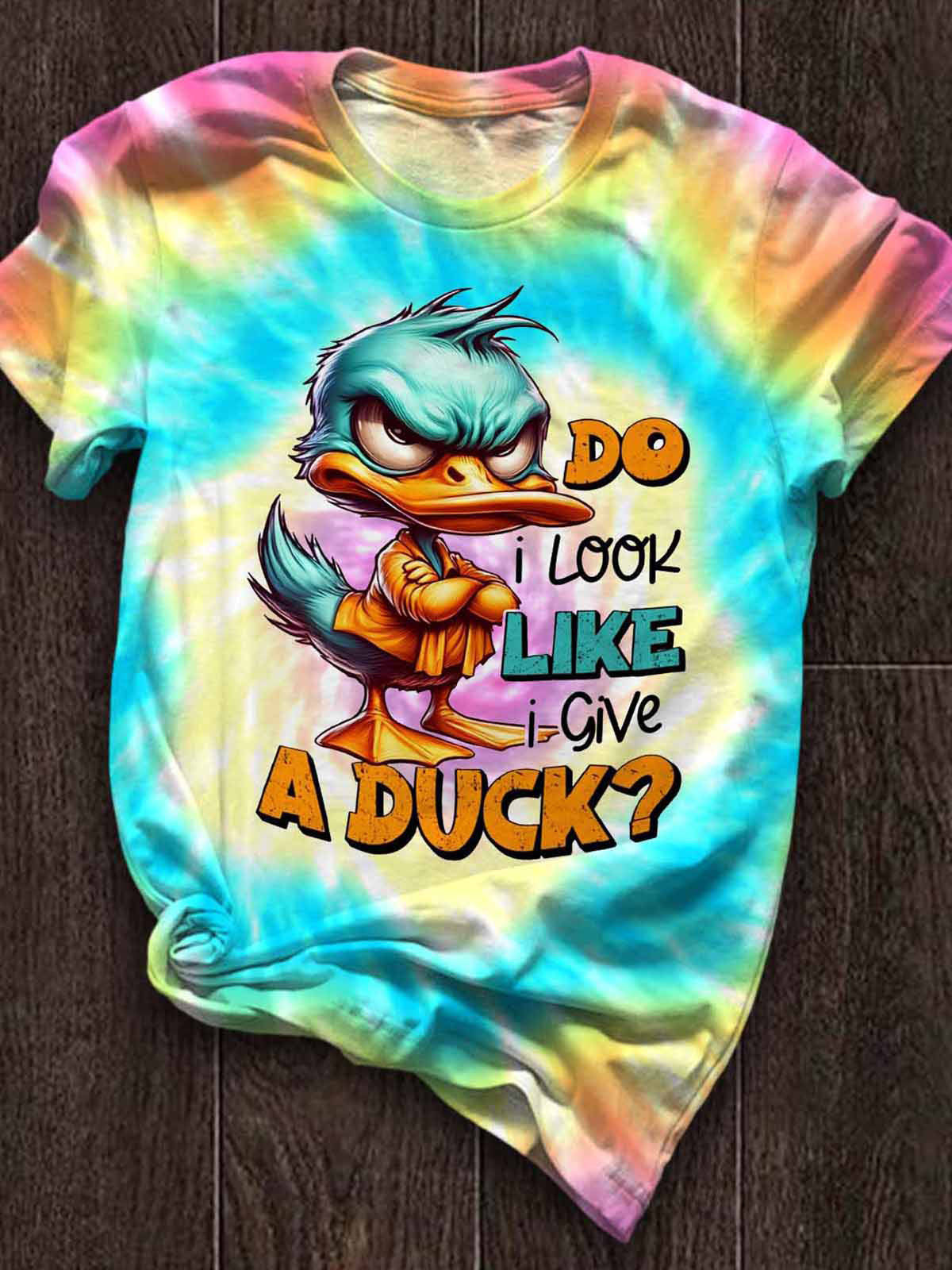 Woman's Tie Dye Funny Duck Funny Word Crew Neck T-shirt