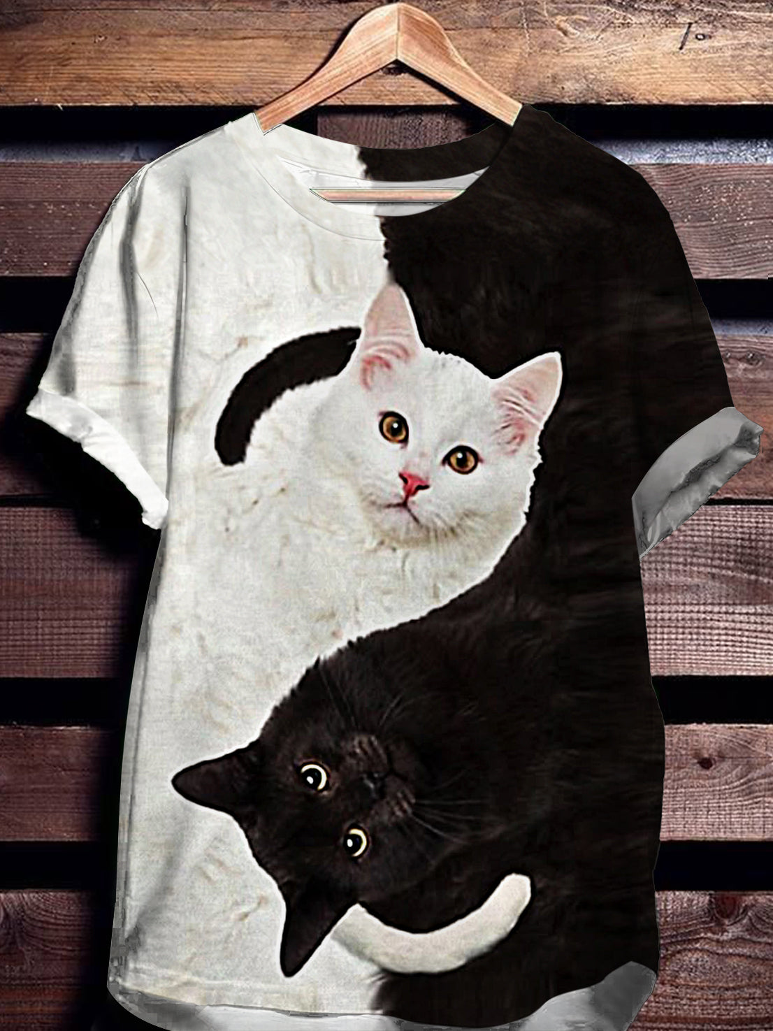 Cute Black And White Kitten Printed Crew Neck T-shirt