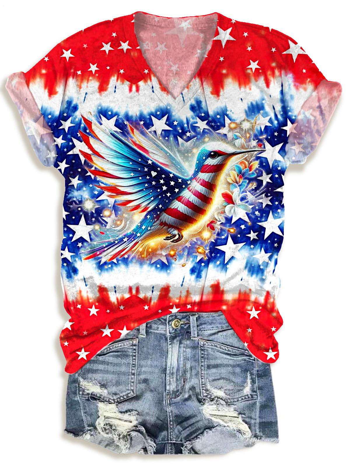 Independence Day Flag Hummingbird V-neck T-Shirt