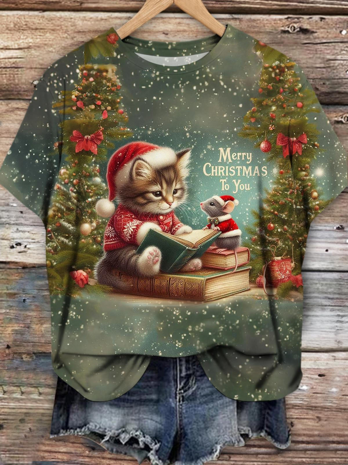 Damen Weihnachts-T-Shirt mit süßem Katzen- und Possum-Print