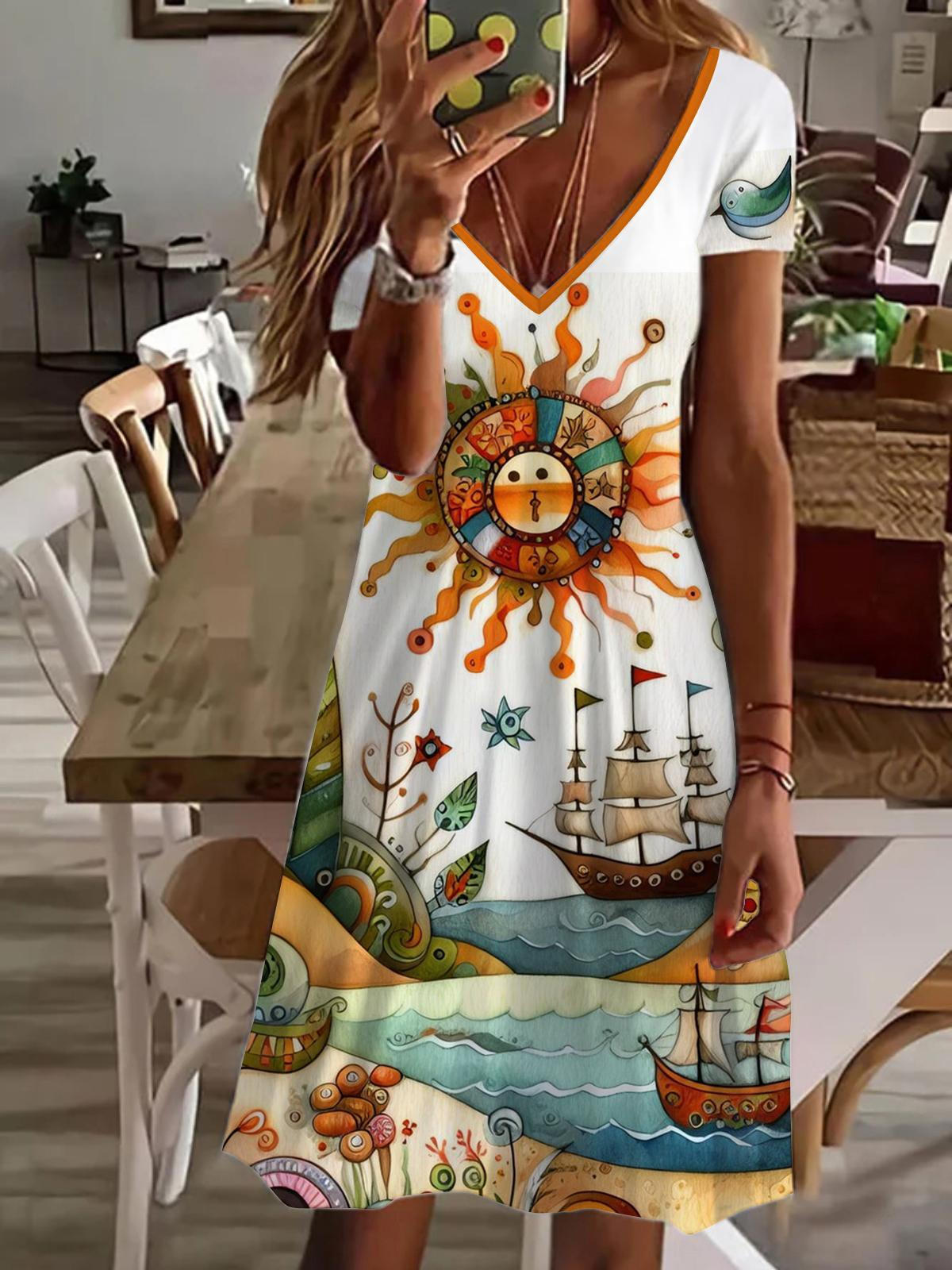 Seascape Illustration V Neck Short Sleeve Dress