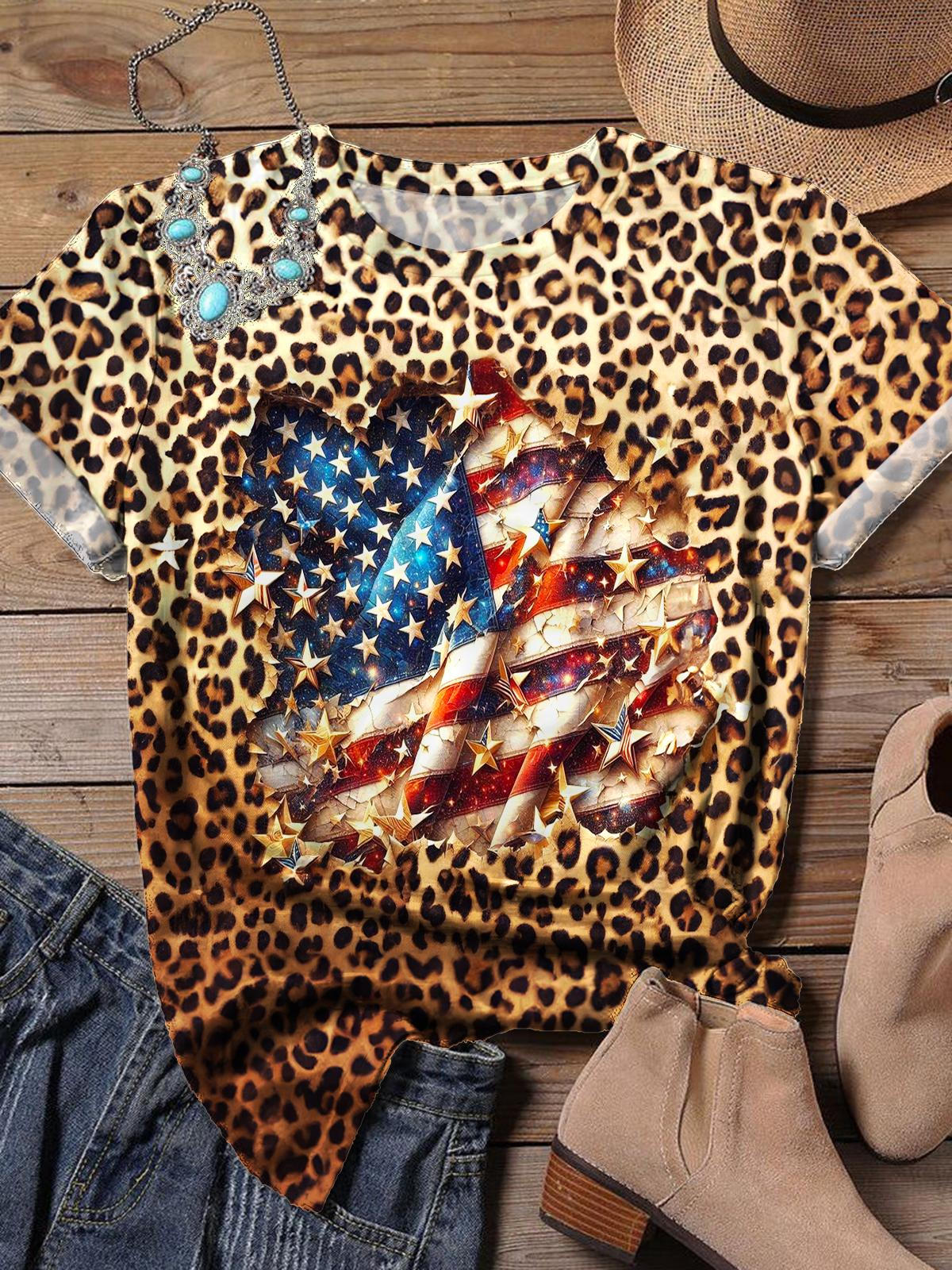 Vintage Leopard Flag Print Crew Neck T-shirt