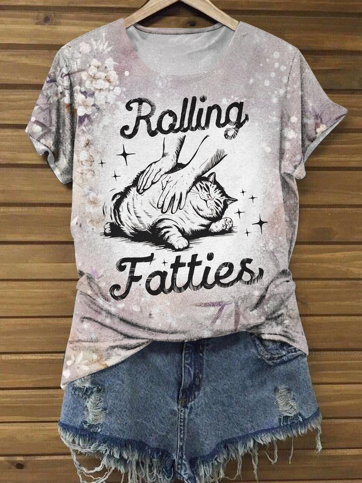 Lässiges T-Shirt mit Rolling Fatties Lazy Cat-Aufdruck für Damen